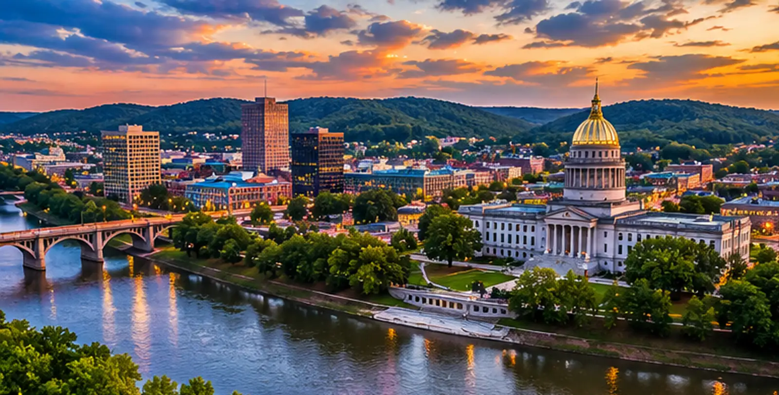 Charleston WV skyline along the Kanawha River for Patriot Tree Experts service area