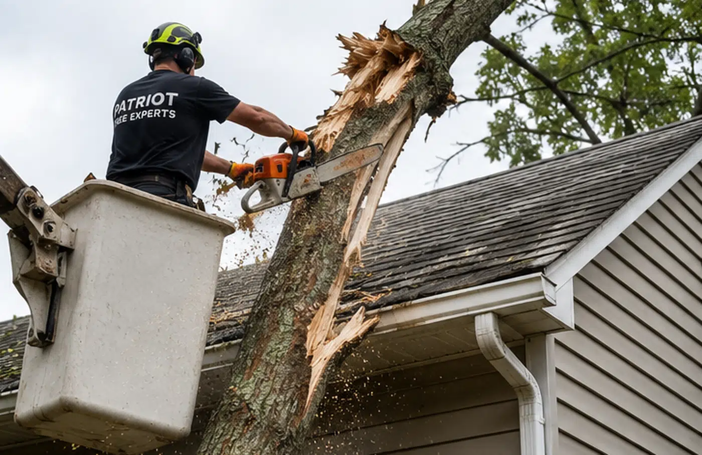 Emergency tree removal near a roof in Charleston WV