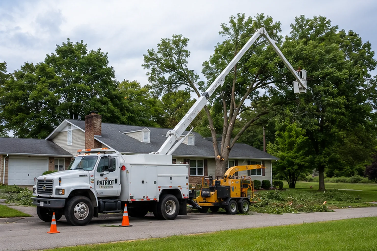 Bucket truck residential tree service in Hurricane WV near a home