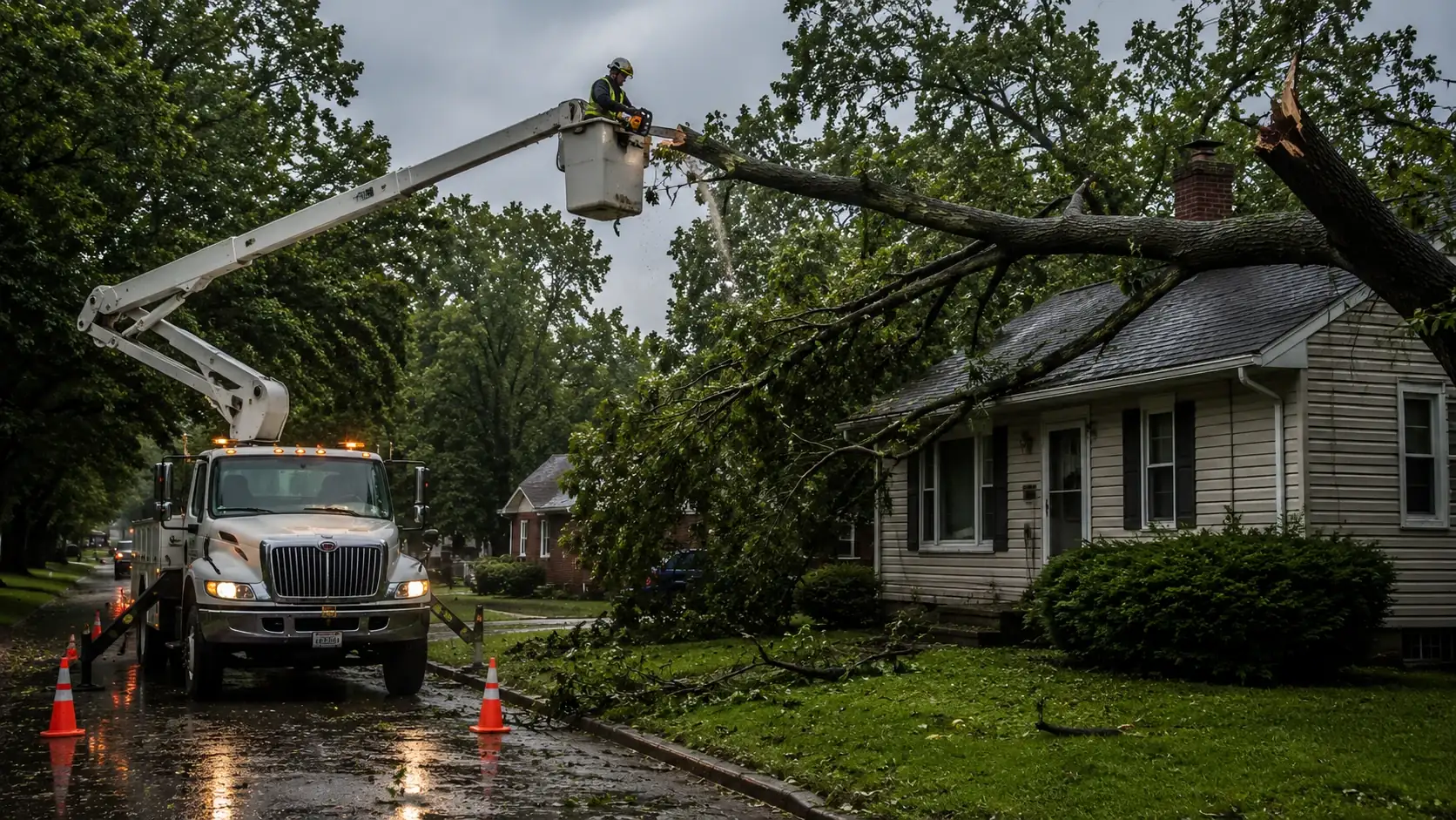 Bucket truck tree trimming service in Nitro WV near a residential home