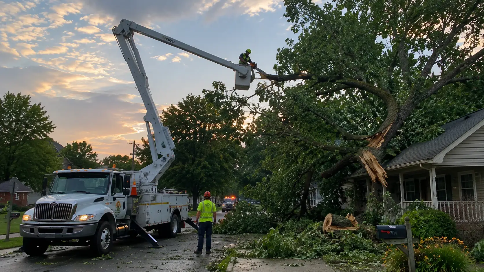 Emergency storm tree service in Nitro WV with bucket truck removing damaged limbs