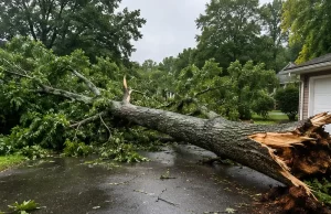 Storm damaged fallen tree blocking a driveway in Charleston WV
