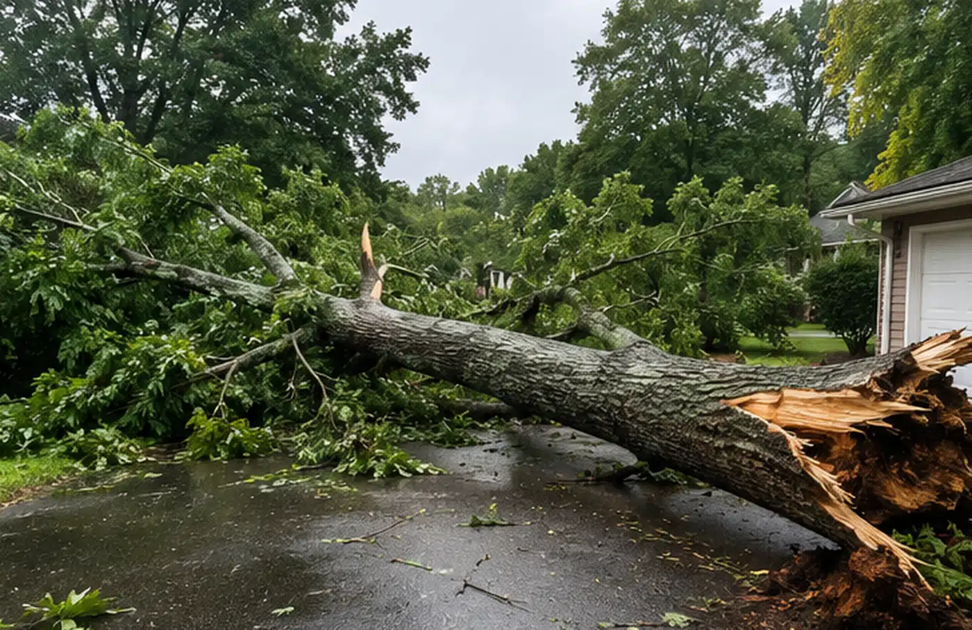 Storm damaged fallen tree blocking a driveway in Charleston WV