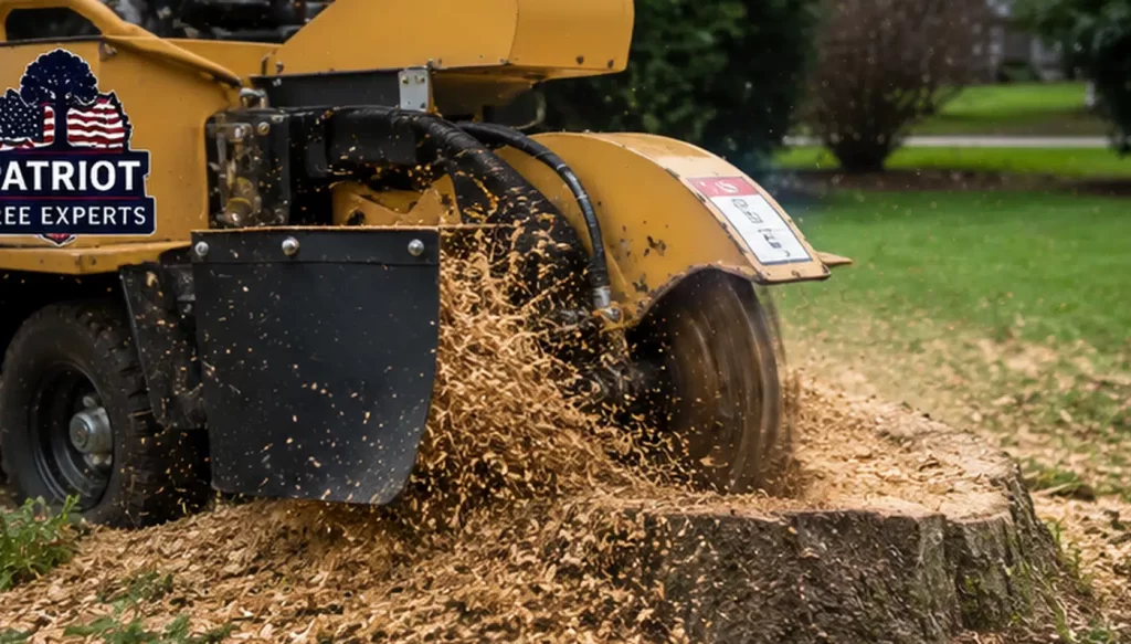 Patriot Tree Experts stump grinding machine removing a tree stump in Charleston WV