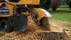 Patriot Tree Experts stump grinding machine removing a tree stump in Charleston WV