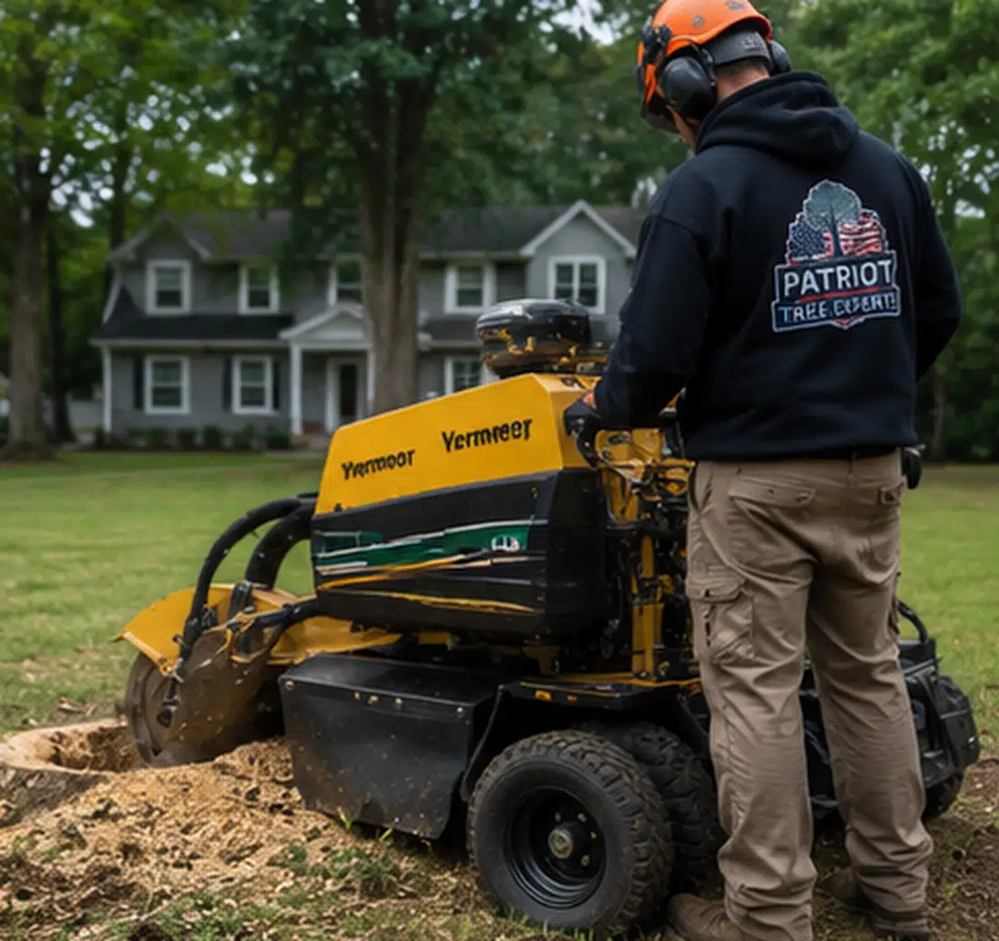 Stump grinding service in a Charleston WV yard by Patriot Tree Experts