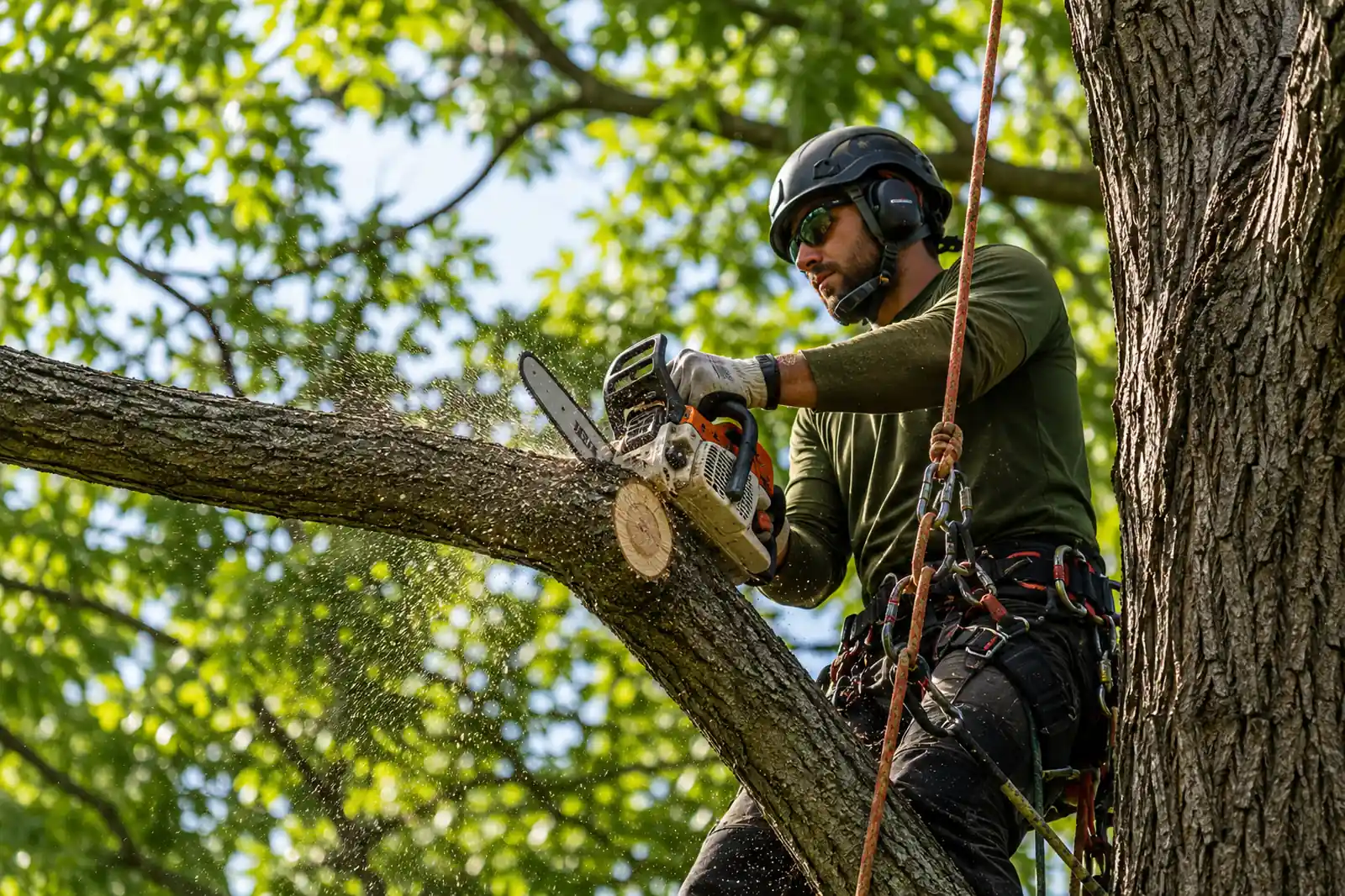 Tree climber using a saw for professional tree care in Charleston WV
