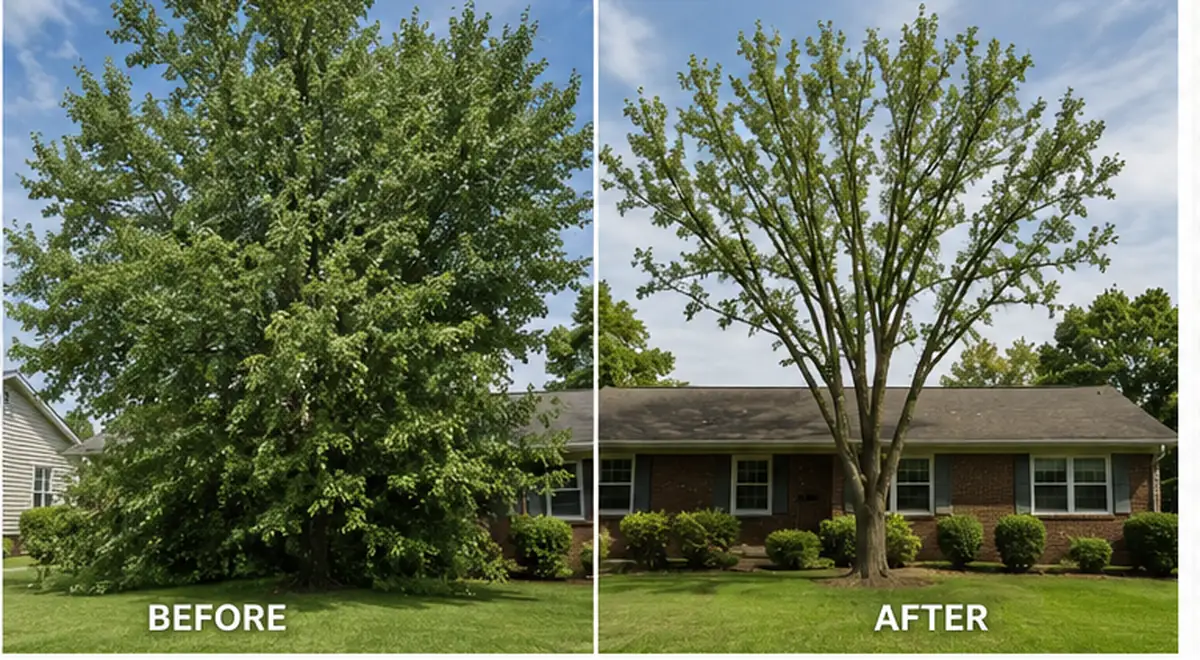 Before and after tree trimming at a Charleston WV property