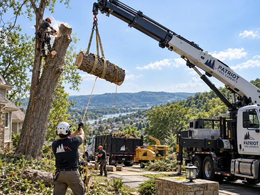 Illustration of crane-assisted tree removal with a suspended trunk section and a tree crew