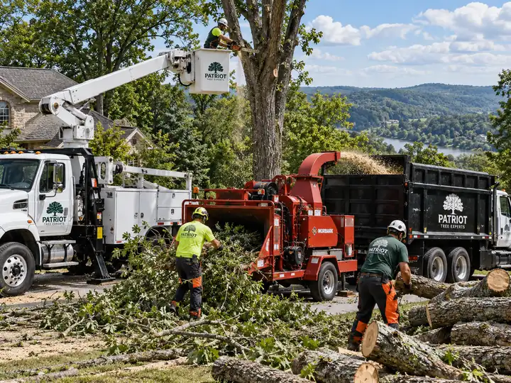 Illustration of a tree crew using a bucket truck, wood chipper and chip truck to process cut branches.