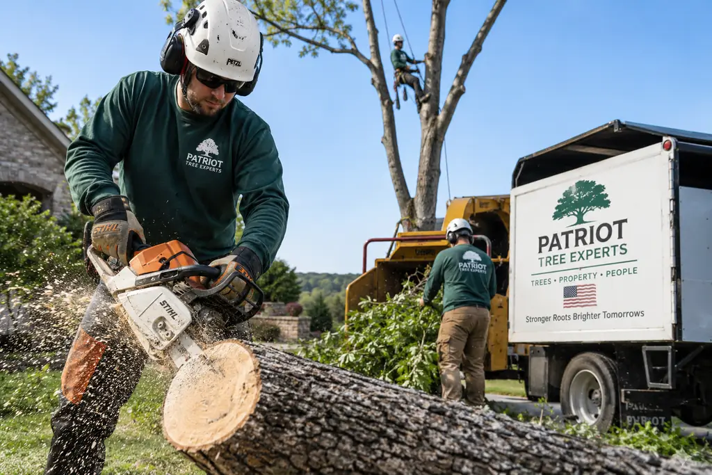 Illustration of a tree worker cutting a log beside a chipper and tree-service truck during debris cleanup.